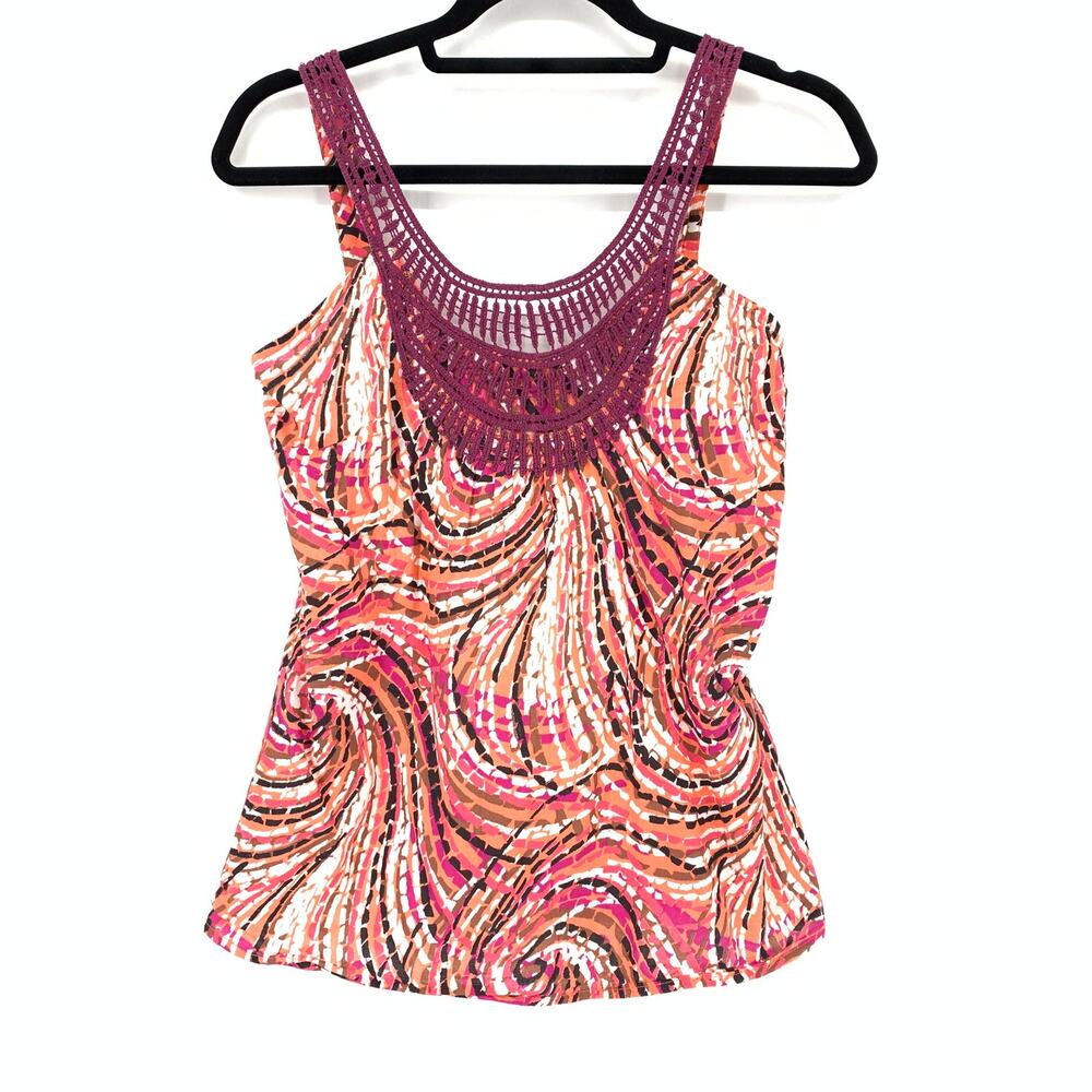 Prana Tank Women's Size S Crochet Trim Geometric Swirl Jen Sleeveless Multicolor